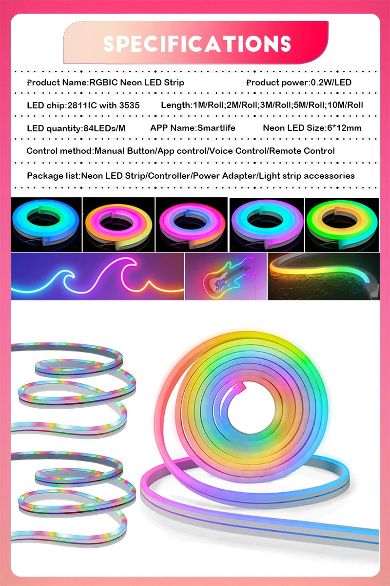 Neon LED Strip Lights 12-24V 84LEDs/M Silicone Neon Rope Light with Music Sync RGBIC Dreamcolor Chasing Strip Tape for Room