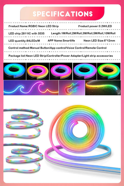 Neon LED Strip Lights 12-24V 84LEDs/M Silicone Neon Rope Light with Music Sync RGBIC Dreamcolor Chasing Strip Tape for Room