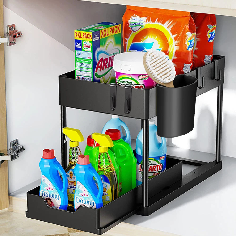 2-Tier Under Sink Sliding Organizer with Hooks