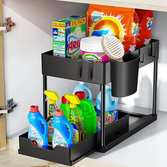 2-Tier Under Sink Sliding Organizer with Hooks