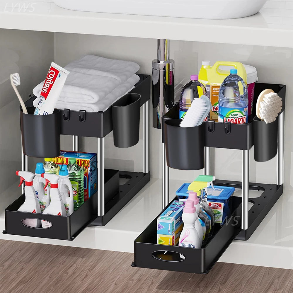 2-Tier Under Sink Sliding Organizer with Hooks