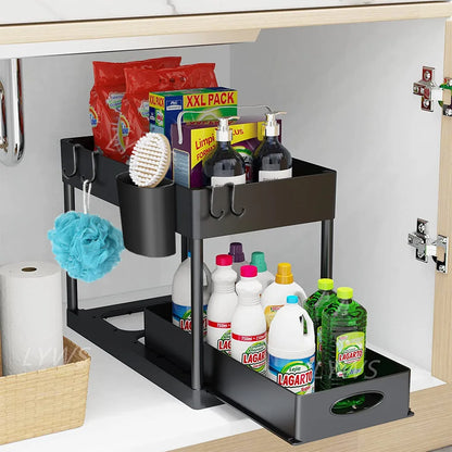 2-Tier Under Sink Sliding Organizer with Hooks