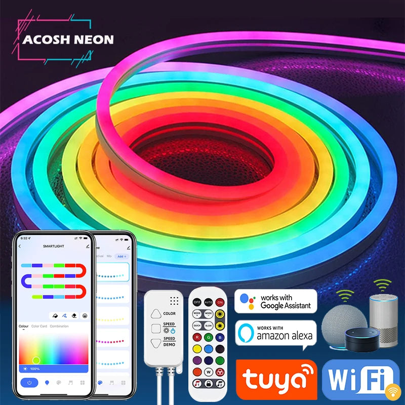 Neon LED Strip Lights 12-24V 84LEDs/M Silicone Neon Rope Light with Music Sync RGBIC Dreamcolor Chasing Strip Tape for Room