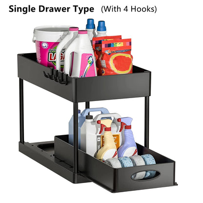 2-Tier Under Sink Sliding Organizer with Hooks